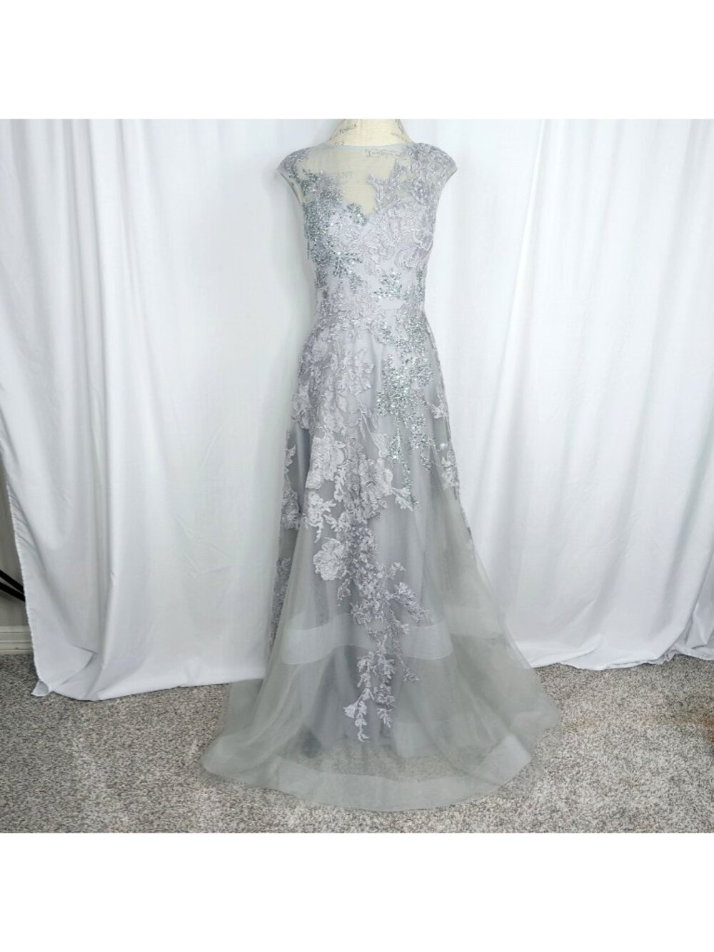 Teri Jon Silver Gown 4 6 Small Maxi Beaded Sheer Applique